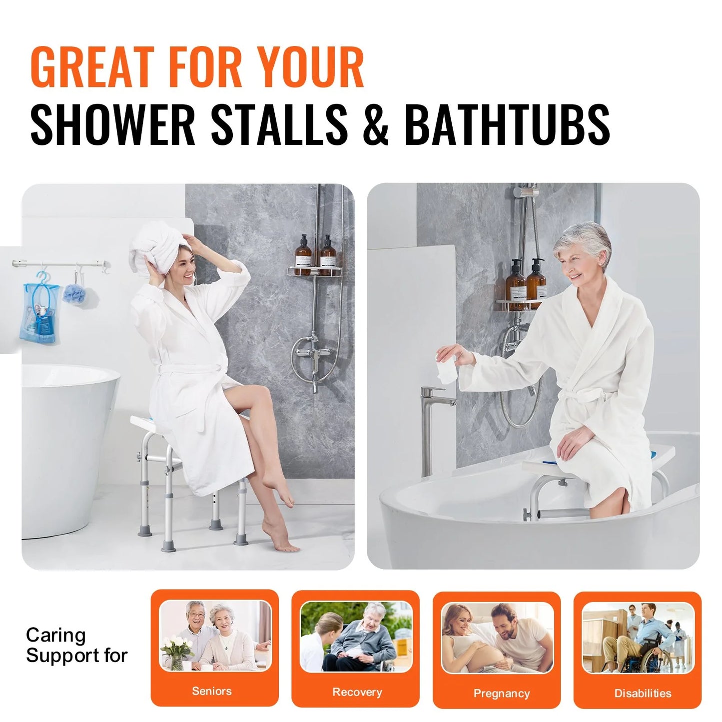 VEVOR Shower Chair for inside Shower, Adjustable Height Shower Stool with Crossbar Support, Shower Seat for Shower Tub, Non-Slip Bench Bathtub Stool Seat for Elderly Disabled Adults Handicap, 500 Lbs
