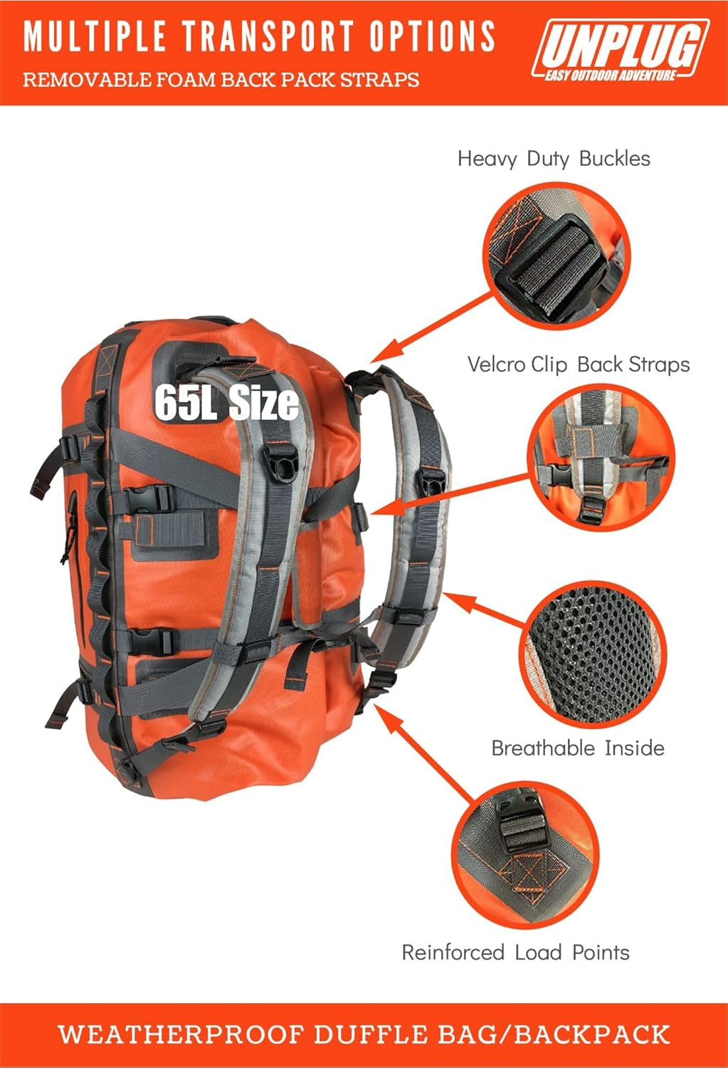 UNPLUG Ultimate Adventure Bag | 1680D Heavy Duty Waterproof Bag | Large Travel Duffle Bag Which Can Be Used for Camping, Motorcycling, Boating, or Hunting