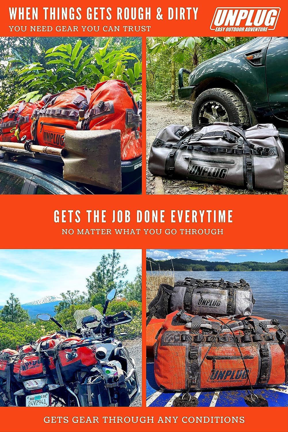 UNPLUG Ultimate Adventure Bag | 1680D Heavy Duty Waterproof Bag | Large Travel Duffle Bag Which Can Be Used for Camping, Motorcycling, Boating, or Hunting