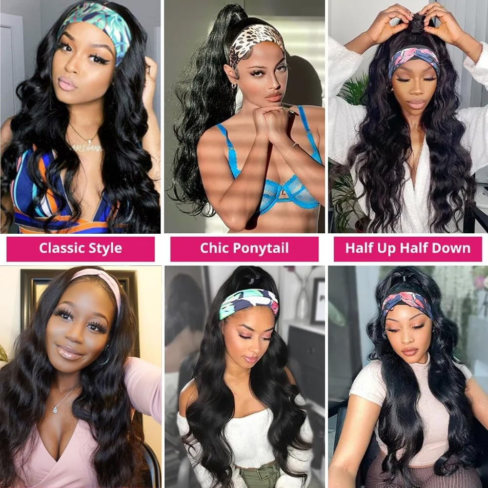 Headband Wig Human Hair Body Wave Headband Wigs for Black Women 12 Inch None Lace Front Wig Human Hair Wear and Go Glueless Wigs Machine Made Brazilian Virgin Human Hair Headband Wigs Natural Color