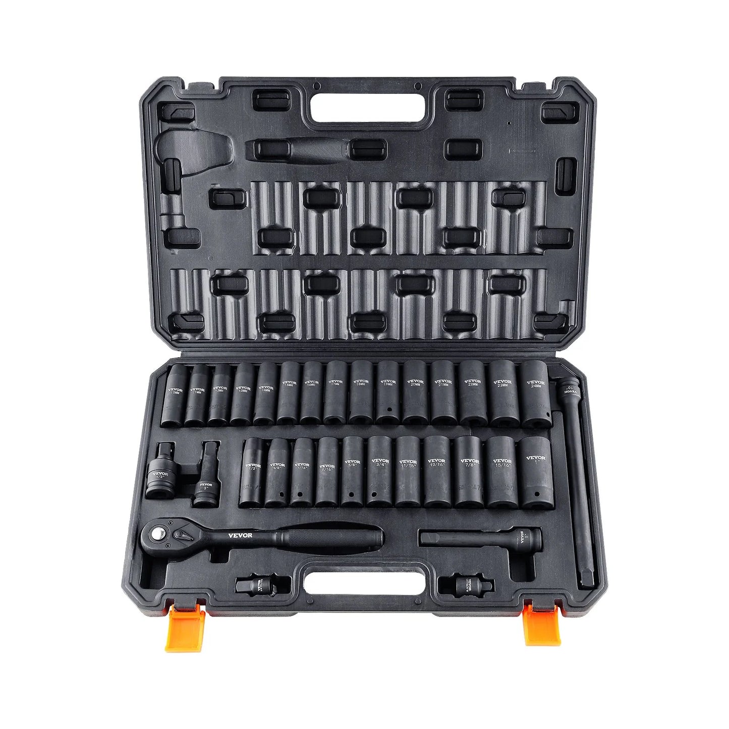 VEVOR 1/2 Drive Impact Socket Set, 33 Piece Socket Set SAE 3/8-1 and Metric 10-24Mm, 6 Point Cr-V Alloy Steel for Auto Repair, Easy-To-Read Size Markings, Rugged Construction, Includes Storage Case