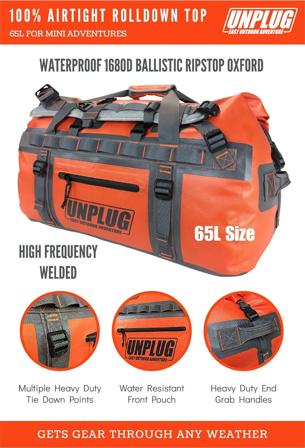 UNPLUG Ultimate Adventure Bag | 1680D Heavy Duty Waterproof Bag | Large Travel Duffle Bag Which Can Be Used for Camping, Motorcycling, Boating, or Hunting