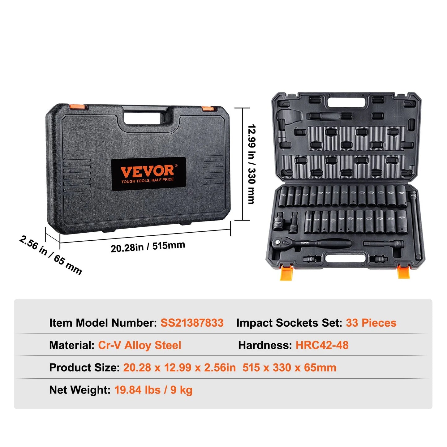 VEVOR 1/2 Drive Impact Socket Set, 33 Piece Socket Set SAE 3/8-1 and Metric 10-24Mm, 6 Point Cr-V Alloy Steel for Auto Repair, Easy-To-Read Size Markings, Rugged Construction, Includes Storage Case