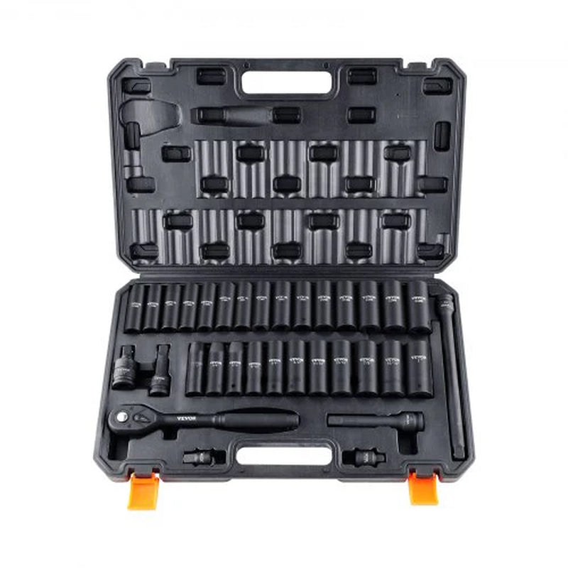 VEVOR 1/2 Drive Impact Socket Set, 33 Piece Socket Set SAE 3/8-1 and Metric 10-24Mm, 6 Point Cr-V Alloy Steel for Auto Repair, Easy-To-Read Size Markings, Rugged Construction, Includes Storage Case