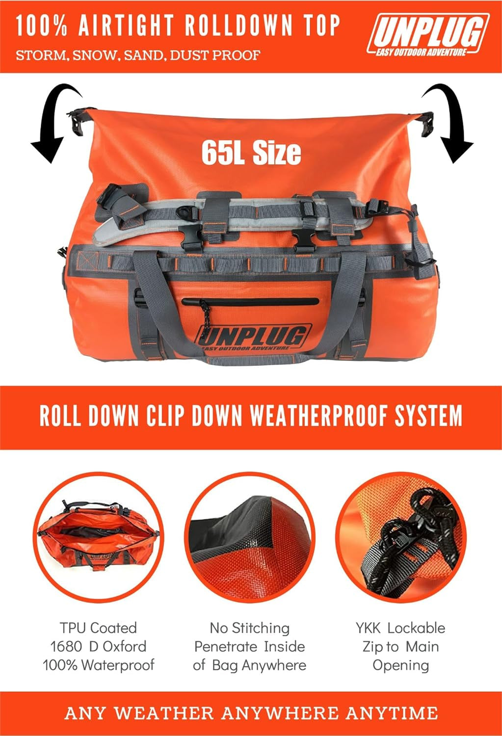 UNPLUG Ultimate Adventure Bag | 1680D Heavy Duty Waterproof Bag | Large Travel Duffle Bag Which Can Be Used for Camping, Motorcycling, Boating, or Hunting