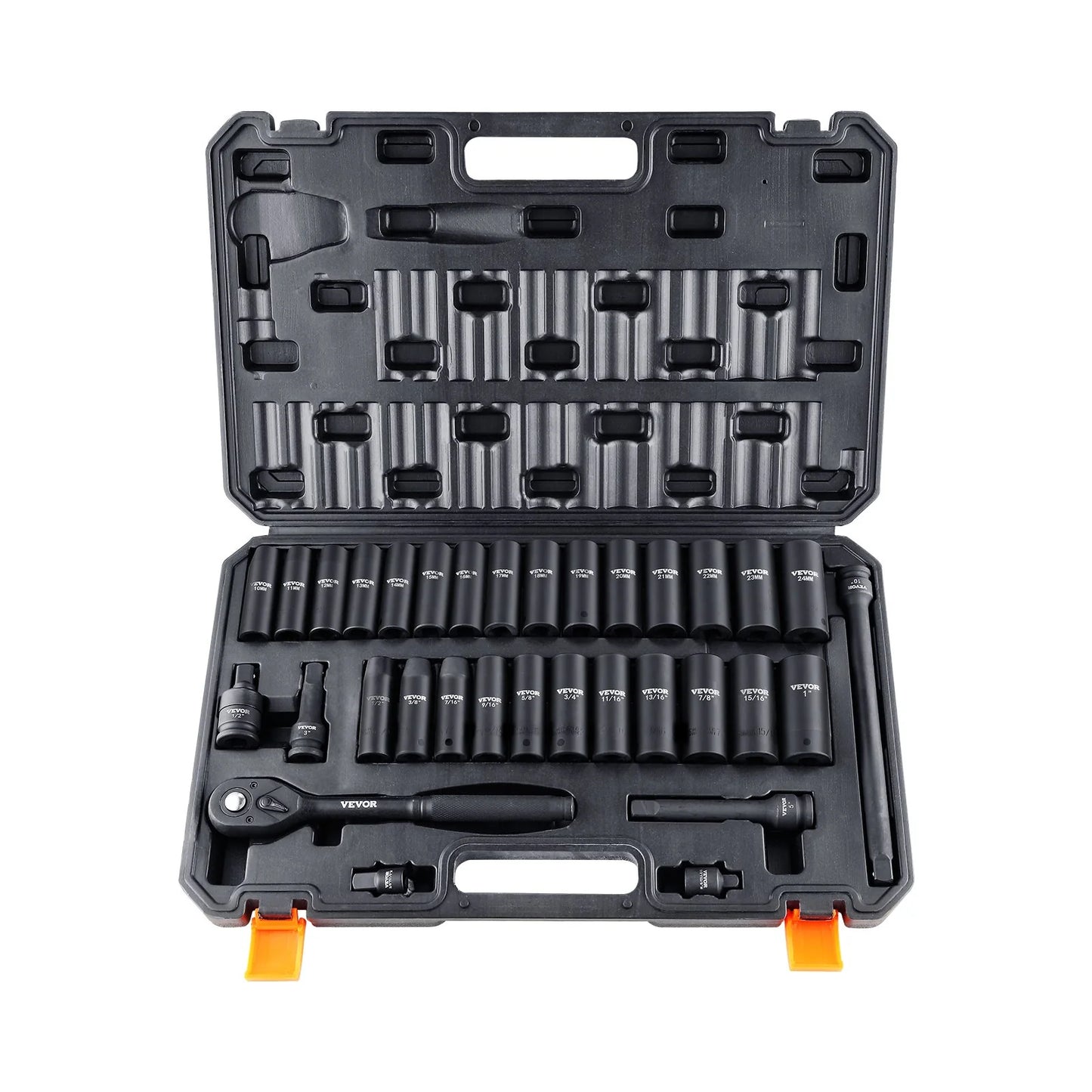 VEVOR 1/2 Drive Impact Socket Set, 33 Piece Socket Set SAE 3/8-1 and Metric 10-24Mm, 6 Point Cr-V Alloy Steel for Auto Repair, Easy-To-Read Size Markings, Rugged Construction, Includes Storage Case